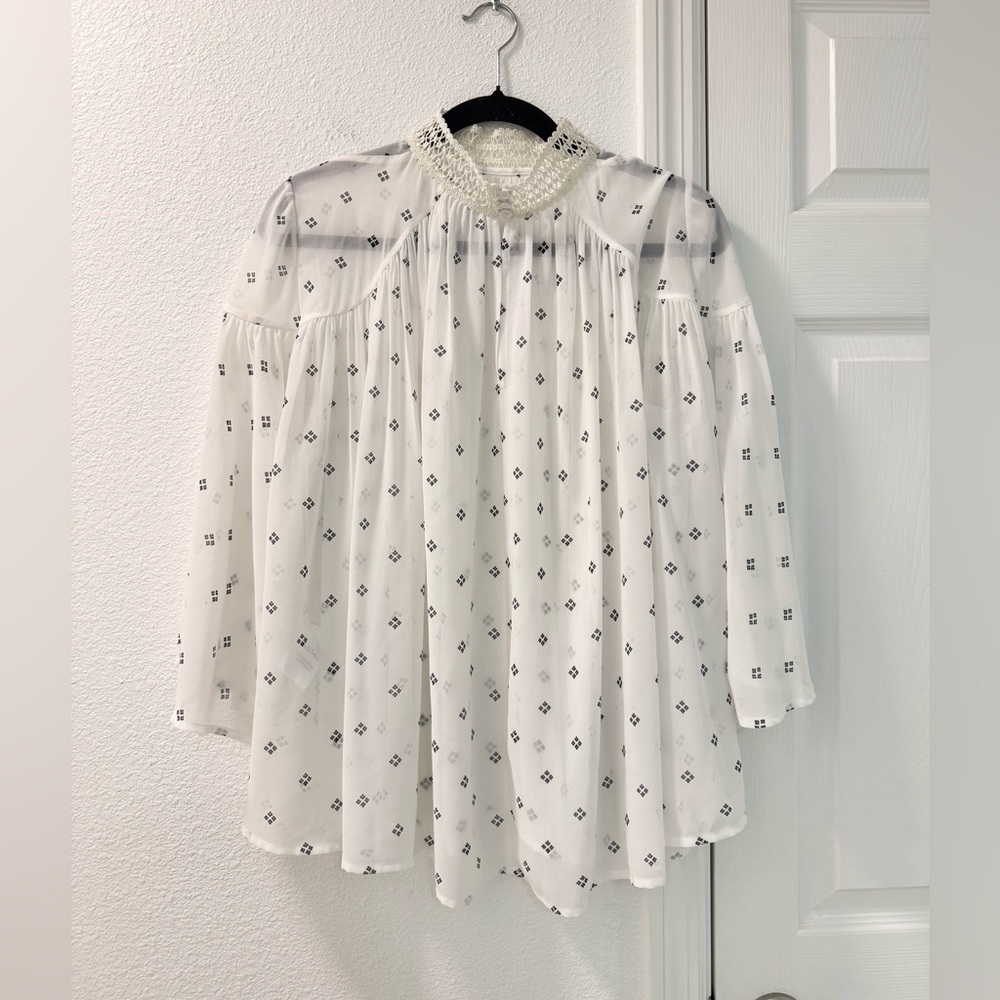 Revolve Acler Oxford blouse in bead print white high neck size 8 semi sheer - Picture 3 of 6